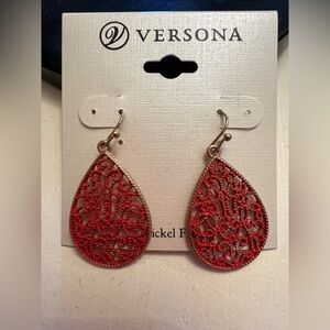 Versona Hibiscus Red and Gold Teardrop Earrings NWT